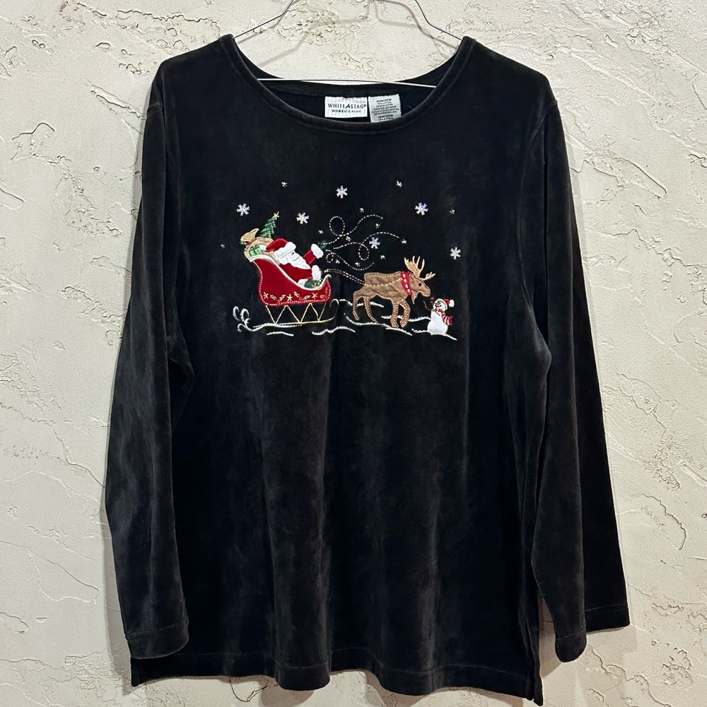 White Stag Plus Black Velour Christmas Shirt with Santa & Reindeer sz 18W/20W - Picture 1 of 7